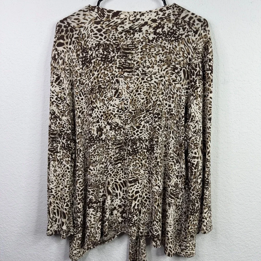 Chico's Travelers Cardigan Womens 3/XL Brown Animal Print‎ Tie Front Mob Wife